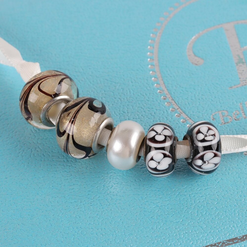 Bella Perlina Charm Set of 5 - White Bead, Black & White Beads, Tan Swirl Beads